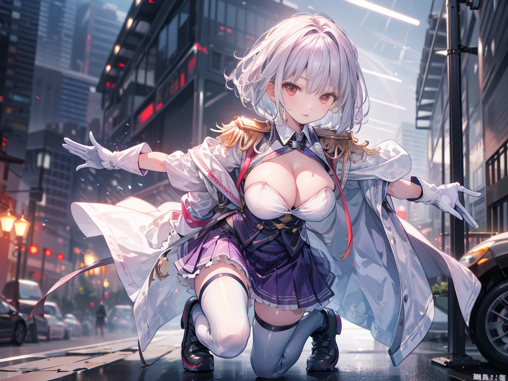 (full body),masterpiece, Highest quality, High resolution, ((Squat，girl座り))，1 person，girl, short hair, Hello, Red eyes, Large Breasts, Cleavage, Epaulettes, White gloves, - Elbow hand pockets, Purple Skirt, Knee socks, Cowboy Shot, (Pose in front)，straight, street，