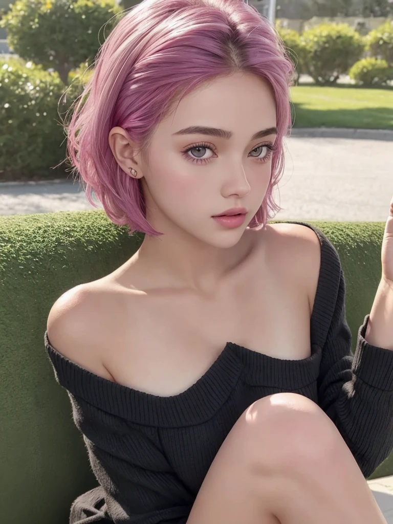 1 girl, influencer, name sophia, teen, edad16, Alone, (((HAIR SHORT))) ultra realistic, looking at the viewer, morado, bare shoulders, with a flower in her hair ((Honey eyes)), whole body, jacket black, sweater, dress, wiki, off the shoulders, park, ultra realistic, a sexy, beautiful, White skin, well detailed, pink cheeks, pink lips, Ultra sexy.