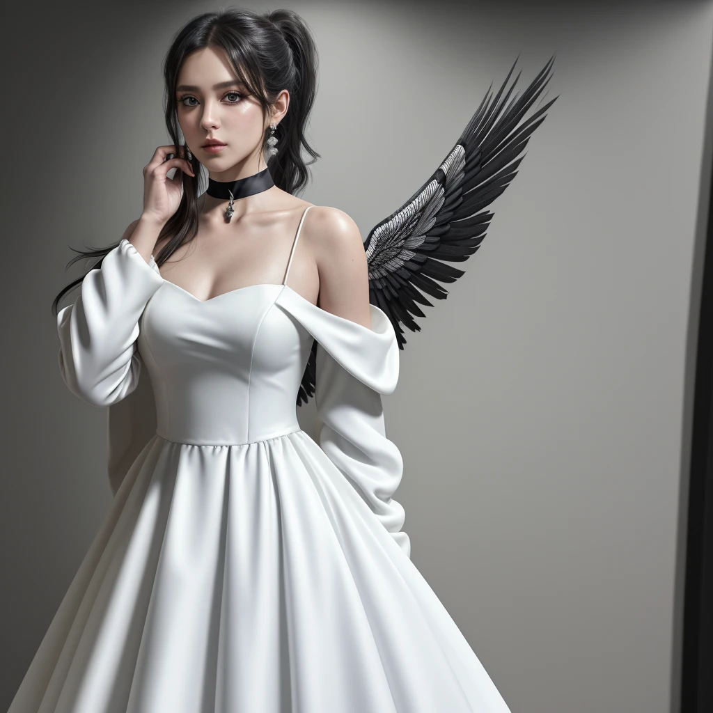 cowboy shot, (Black Wings:1.2), pretty long hair, side ponytail, choker, containment, Off The Shoulder, (white gown:1.3), white jacket,areola,
