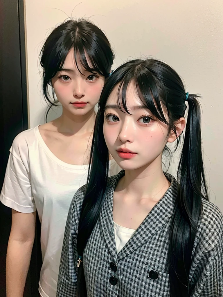 40-year-old Japanese woman、Black Hair、The hair is very short、Twin tails、Hatsune Miku's outfit、headphones、flat chest、Realistic photos、Realistic、8K quality、tall、No bangs、ストリートスナップ