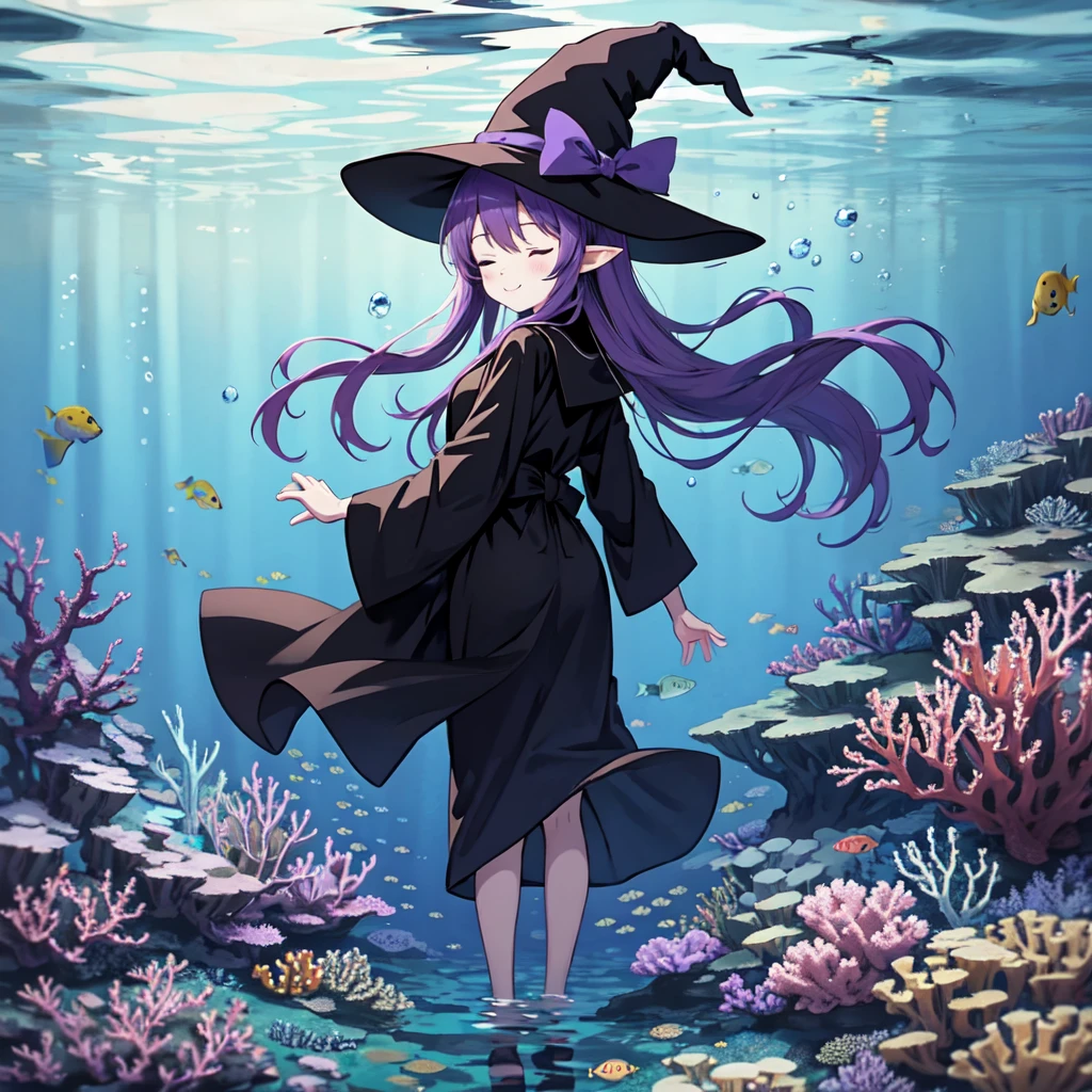 Anime girl. Long purple hair and wearing a black robe. Pointy ears. Witch hat. Cute cartoon. Illustration, alone. Looking back. Full body. High school student. Floating in water. Deep underwater. Underwater. Eyes closed.
