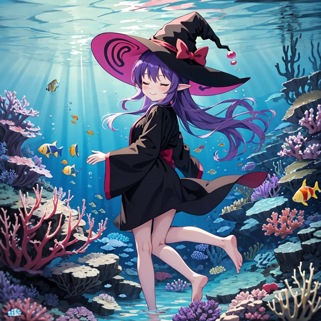 Anime girl. Long purple hair and wearing a black robe. Pointy ears. Witch hat. Cute cartoon. Illustration, alone. Looking back. Full body. High school student. Floating in water. Deep underwater. Underwater. Eyes closed.