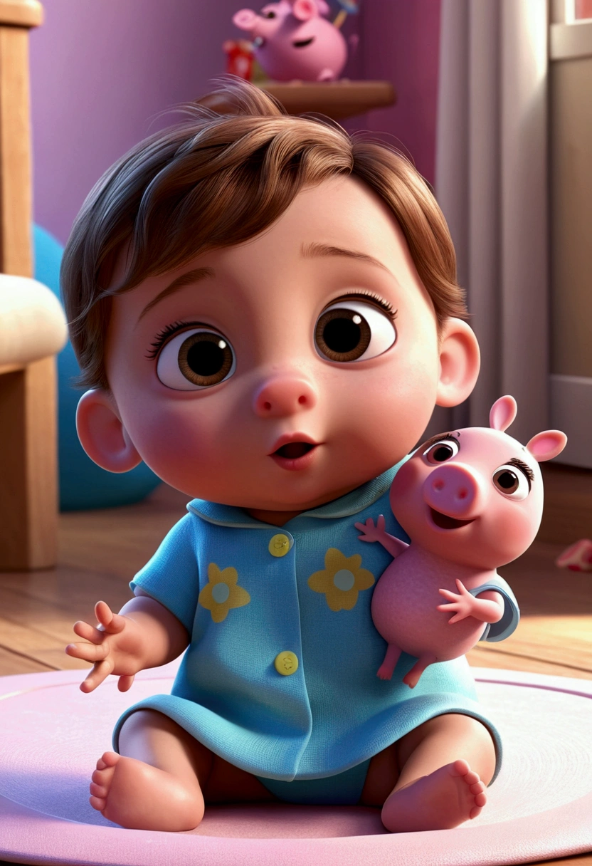 a baby, sitting , disney pixar style, 3d, animated cartoon, fly away, shiny colors, short light brown hair, fair brown-skinned, big, dark eyes with peppa in hand
