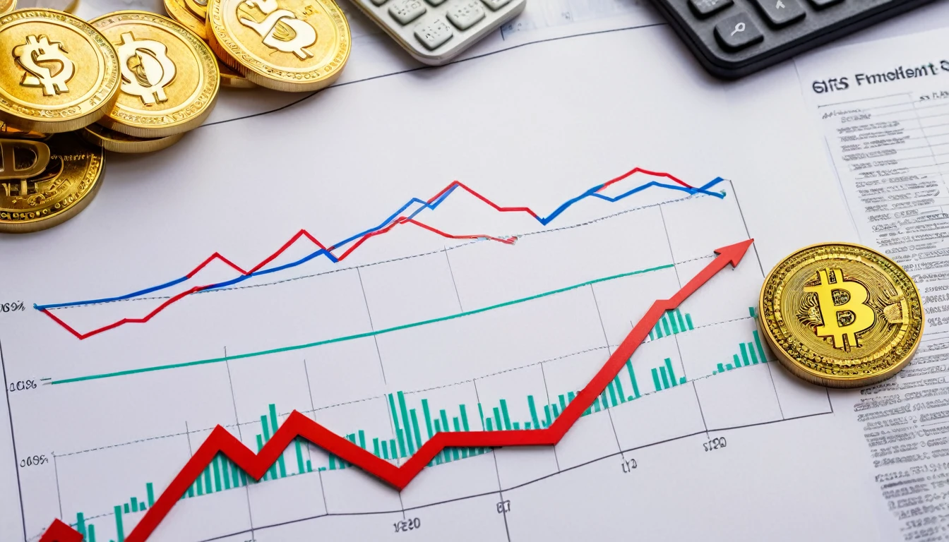 Display a financial chart or graph trending upwards, surrounded by symbols of prosperity and achievement such as a rising stock market, currency symbols, or gold coins.