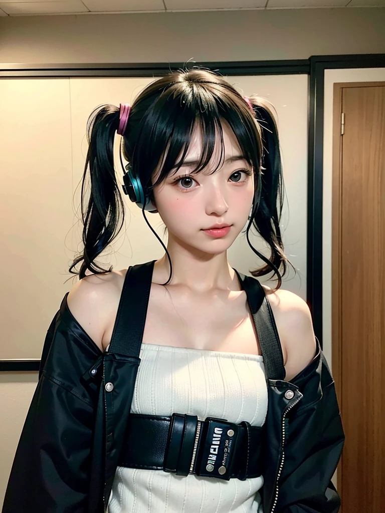 40-year-old Japanese woman、Black Hair、The hair is very short、Twin tails、Hatsune Miku's outfit、headphones、flat chest、Realistic photos、Realistic、8K quality、tall、No bangs、ストリートスナップ