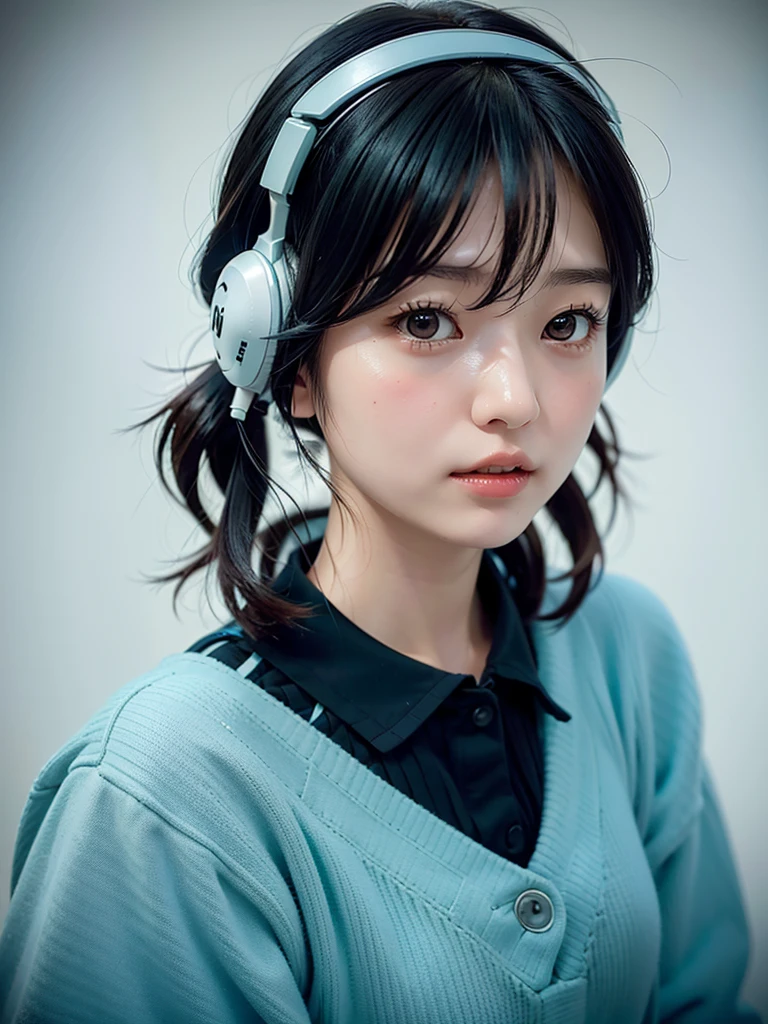 40-year-old Japanese woman、Black Hair、The hair is very short、Twin tails、Hatsune Miku's outfit、headphones、flat chest、Realistic photos、Realistic、8K quality、tall、No bangs、ストリートスナップ