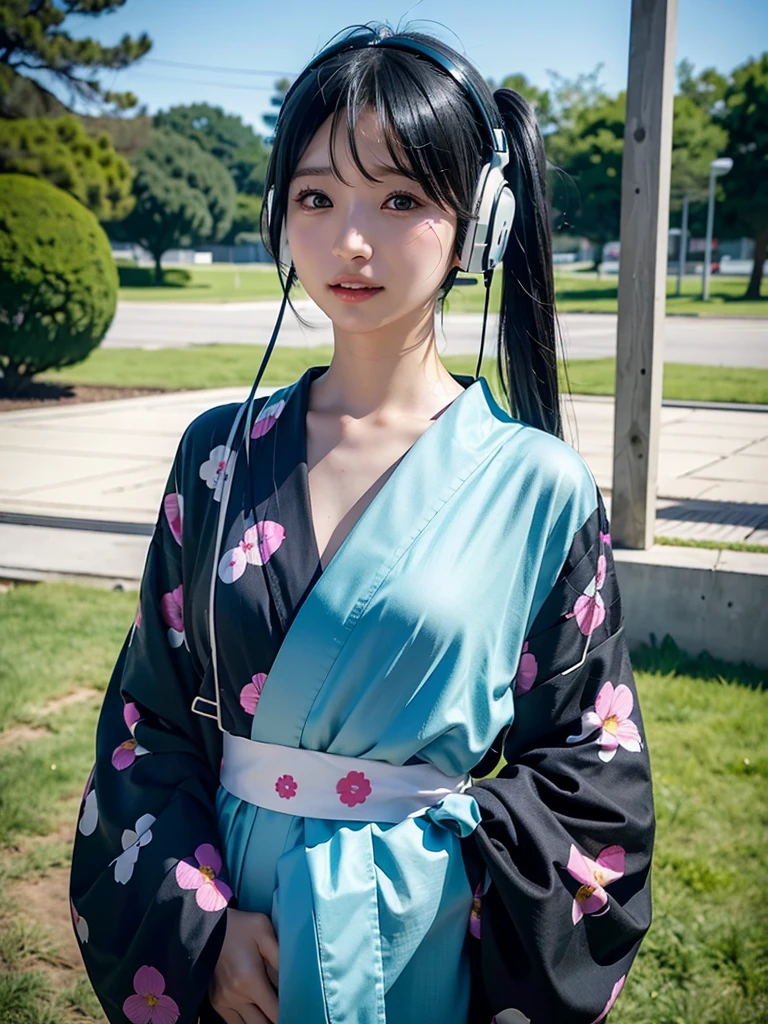 40-year-old Japanese woman、Black Hair、The hair is very short、Twin tails、Hatsune Miku's outfit、headphones、flat chest、Realistic photos、Realistic、8K quality、tall、No bangs、firework、yukata