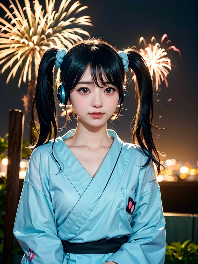 40-year-old Japanese woman、Black Hair、The hair is very short、Twin tails、Hatsune Miku's outfit、headphones、flat chest、Realistic photos、Realistic、8K quality、tall、No bangs、firework、yukata