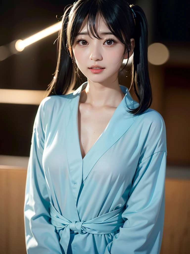 40-year-old Japanese woman、Black Hair、The hair is very short、Twin tails、Hatsune Miku's outfit、headphones、flat chest、Realistic photos、Realistic、8K quality、tall、No bangs、firework、yukata