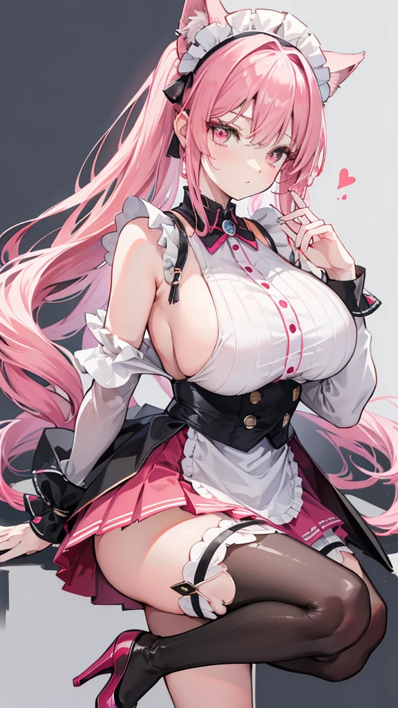 A beautiful girl full of vitality，Pink long hair tied into double ponytails，Big golden eyes are bright and sharp，A small red heart sticker on the cheek，(((super huge breasts)))，Wearing a low-cut, backless maid outfit，The skirt is also very short，The kind that can be seen when the skirt is slightly raised，Slender upper body wearing white garter stockings，She was wearing a pair of black high-heeled leather shoes on her feet.。