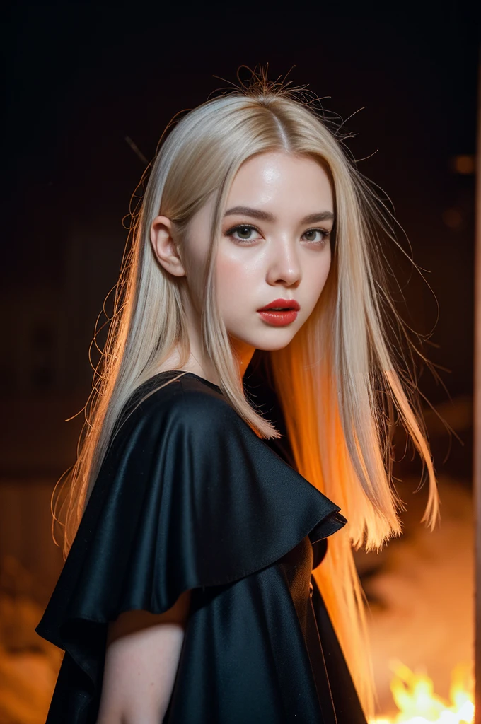 RAW Photos, Full Sharp, (Full HD Epic Wallpaper) 8K Ultra HD, Digital SLR, Soft lighting, high quality, Film Grain, Fujifilm XT3, Hello, (1 person, daughter:1.2),night,Focus on the upper thighs, Broken glass effect, Bright yellow flame, Mysterious Spark, Fragile, Red eyes, (Long white hair),Wind,Flapping head, Shaved head, Style - Gravity Magic, Looking down, alone, , Detailed Background, Detailed face, Pale complexion,((Gorgeous Lolita outfit)), Black Cape, Cape, Food, malevolent expression, The scarlet symbol spins in the air,(Floating fire particles, Particle Effects), Skylight color scheme, ( Giant Red Explosion Flame), In the background, Enveloped in a deep red mist, sunset, Symmetrical Configuration, Spectacular atmosphere,(Smokey),