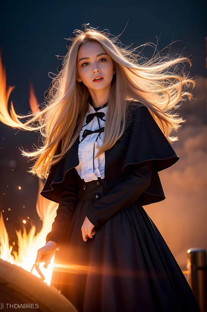 RAW Photos, Full Sharp, (Full HD Epic Wallpaper) 8K Ultra HD, Digital SLR, Soft lighting, high quality, Film Grain, Fujifilm XT3, Hello, (1 person, daughter:1.2),night,Focus on the upper thighs, Broken glass effect, Bright yellow flame, Mysterious Spark, Fragile, Red eyes, (Long white hair),Wind,Flapping head, Shaved head, Style - Gravity Magic, Looking down, alone, , Detailed Background, Detailed face, Pale complexion,((Gorgeous Lolita outfit)), Black Cape, Cape, Food, malevolent expression, The scarlet symbol spins in the air,(Floating fire particles, Particle Effects), Skylight color scheme, ( Giant Red Explosion Flame), In the background, Enveloped in a deep red mist, sunset, Symmetrical Configuration, Spectacular atmosphere,(Smokey),