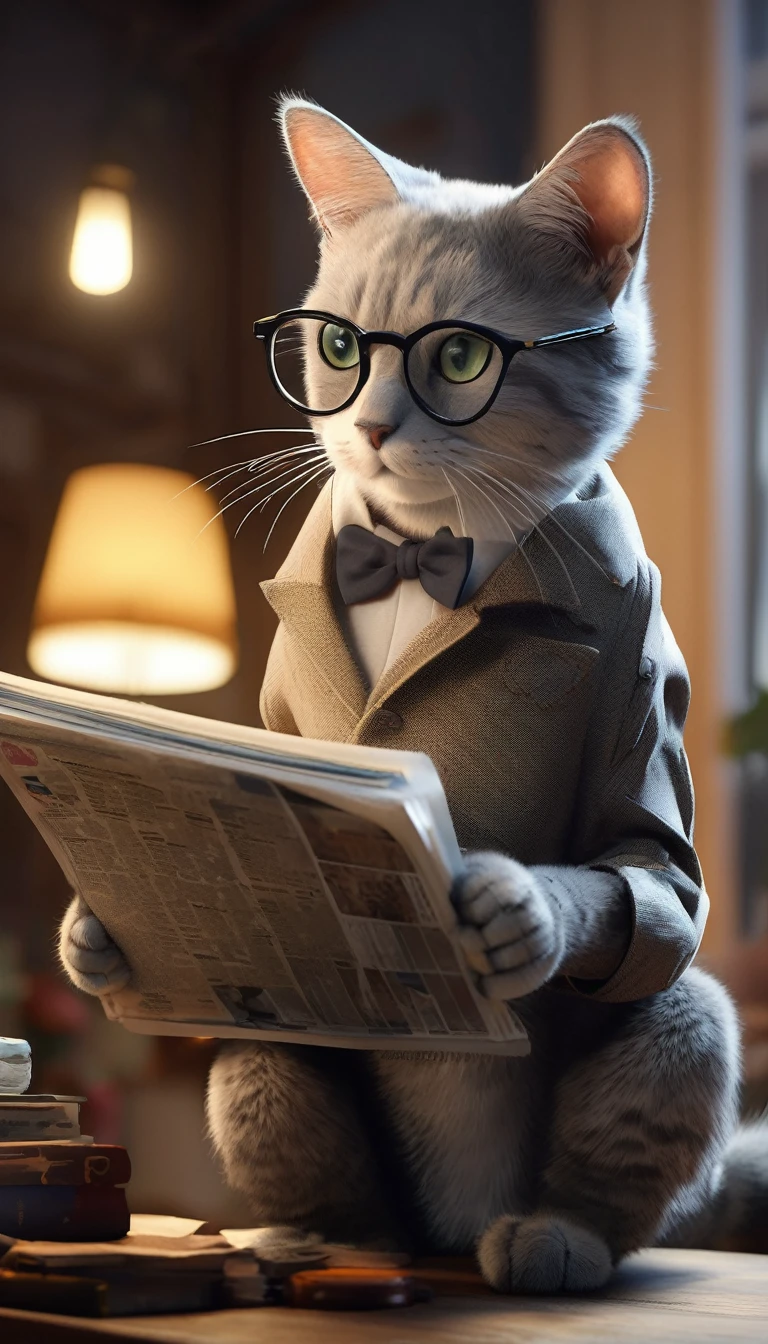 (Highly detailed CG Unity 8k wallpaper、masterpiece、Highest quality、Very detailed)、(Best lighting、Best Shadow、Very delicate and beautiful)、Highest quality、8k、Detailed facial depiction、masterpiece、Highest quality、Crisp image quality、 A robotic cat wearing glasses reading a newspaper。