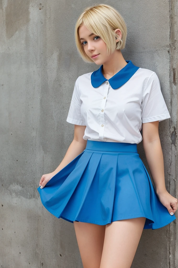Make an image of girl, wearing a blue skirt, she has blonde short hair.