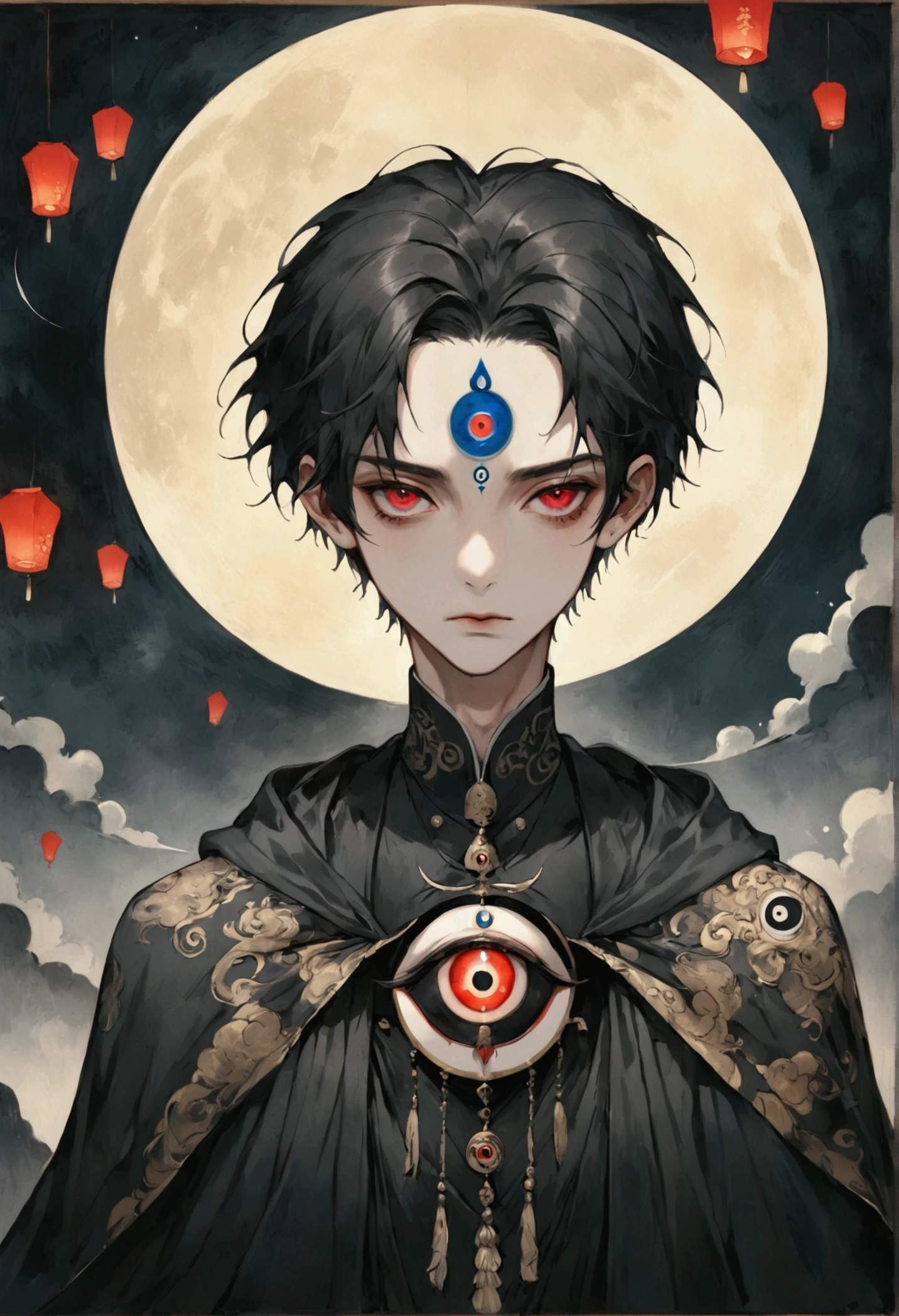 Art Illustration，Dark Style，(((1 Boy，独奏，third eye on the forehead，))),(((Hooded Cape：1.6，Eye Diagram，Dark Pattern))).whole body，Paper lanterns in the sky，Kongming Lantern，Death Stare。，moonlight