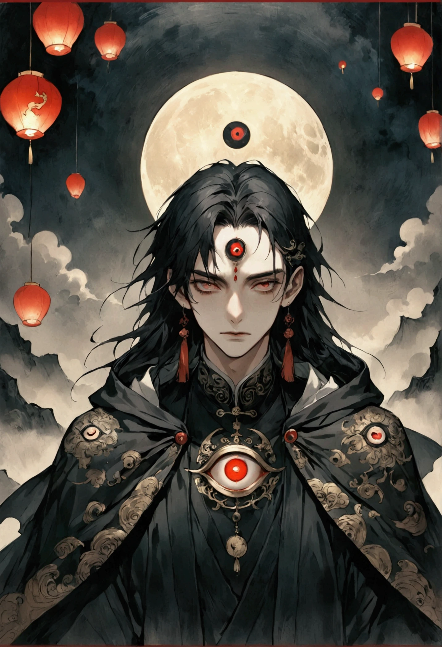 Art Illustration,Dark Style,(((1 Boy,独奏,third eye on the forehead,))),(((Hooded Cape:1.6,Eye Diagram,Dark Pattern))).whole body,Paper lanterns in the sky,Kongming Lantern,Death Stare。,moonlight