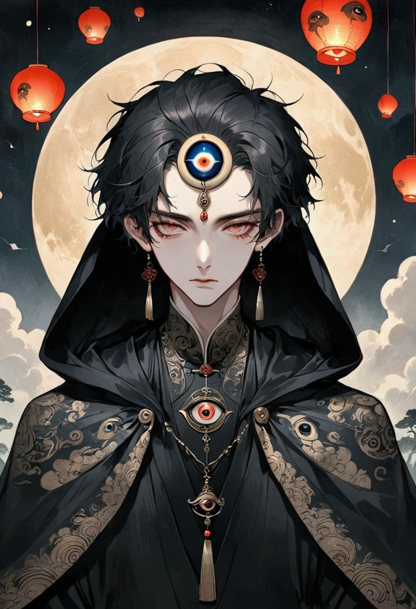Art Illustration,Dark Style,(((1 Boy,独奏,third eye on the forehead,))),(((Hooded Cape:1.6,Eye Diagram,Dark Pattern))).whole body,Paper lanterns in the sky,Kongming Lantern,Death Stare。,moonlight