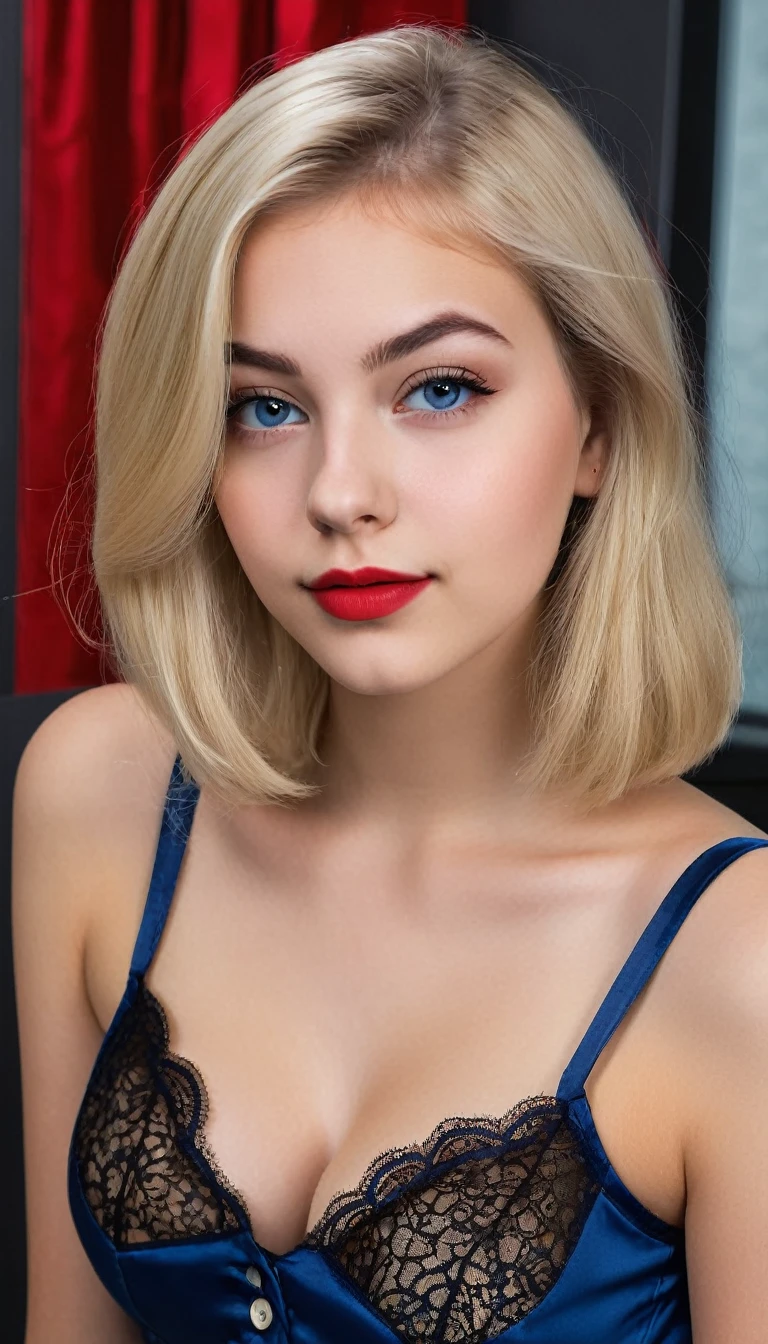 ultrarealistic high quality mugshot photo of a beautiful busty european 18-year-old teen girl with cute hyperdetailed shy happy face and shoulder length platin-blonde classic bob and long legs, realistic round eyes, red lipgloss, decent makeup with eyeliner, wearing prussian blue button-up satin blouse and lace bra, cleavage, hourglass body, indoor office photography