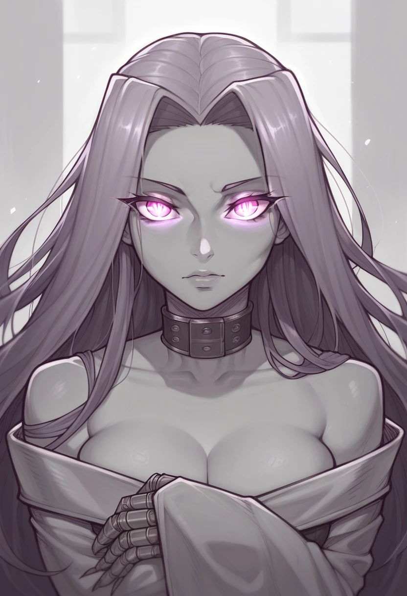 _asura style, 1girl, solo, medusa (fate), looking at viewer, glowing eyes