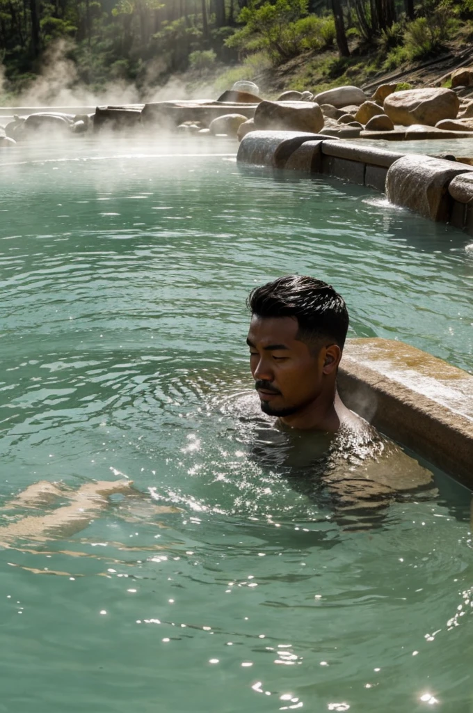 a 38-year-old Japanese former rugby player wearing soaked white brief sit by the mountain stream. his legs spread a part stocky chubby thick short beard very short hair rain big bulge of crotch shirtless
