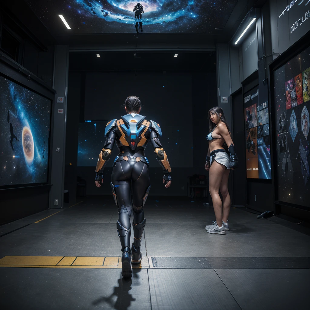 (The fighter mech is huge, realistic, realistic, fully displayed on the front side and back, rich in specific details, very three-dimensional: 1.2, can travel to and from the universe, design style, color matching is outstanding, cab details are perfectly displayed, the background is cosmic galaxy)