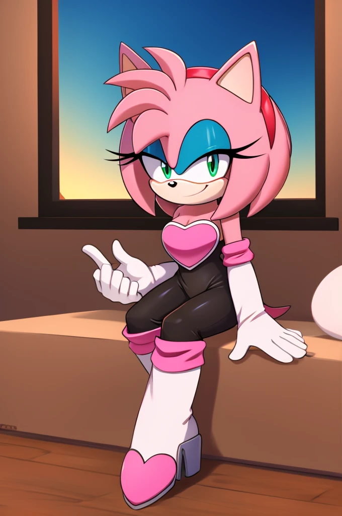 score_9, score_8_up, 2D, flat color, looking at viewer, (1girl), (solo), very detailed, extremely detailed, Amy Rose from the sonic the hedgehog series, portrait, seductive smile, hair down, hair bangs, medium breast, Rouge cosplay, cosplay, she wears a black skin-tight and strapless low-cut jumpsuit, a pink heart-shaped chest plate outlined with thin white trim, elbow-length white gloves and thigh-high high-heeled boots with pink cuffs to match them, with the latter featuring both gray soles and heels, matching her jumpsuit's chest plate, she is now sitting down in her bedroom, as she holds a yellow flower in her hand, a window of the sunset at the beach, close up, wingless