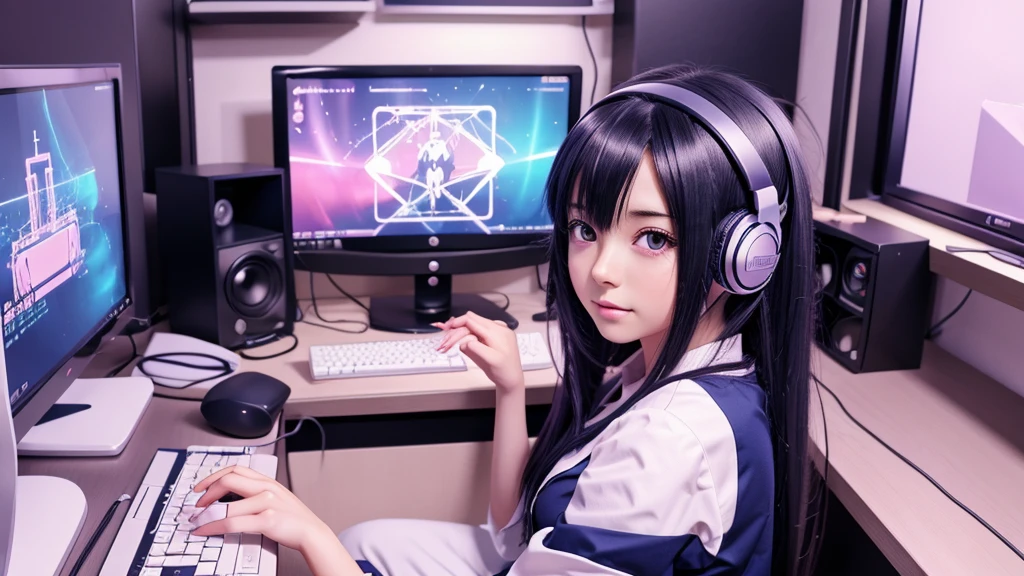 anime girl sitting at a desk with headphones on and a computer, anime style 4 k, lofi girl, anime vibes, lofi artstyle, nightcore, 4k anime wallpaper, anime art wallpaper 4 k, anime art wallpaper 4k, anime wallpaper 4k, anime wallpaper 4 k, anime style. 8k, anime girl desktop background