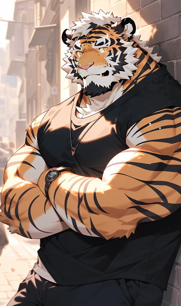 hairy,(tiger,Black short sleeve:1.3,Against the wall:1.3)beard,Golden fur,(smokes:1.3),Smile,male,Common,full-body shot,Real background,极其lifelike阴影,masterpiece,Very detailed,lifelike。