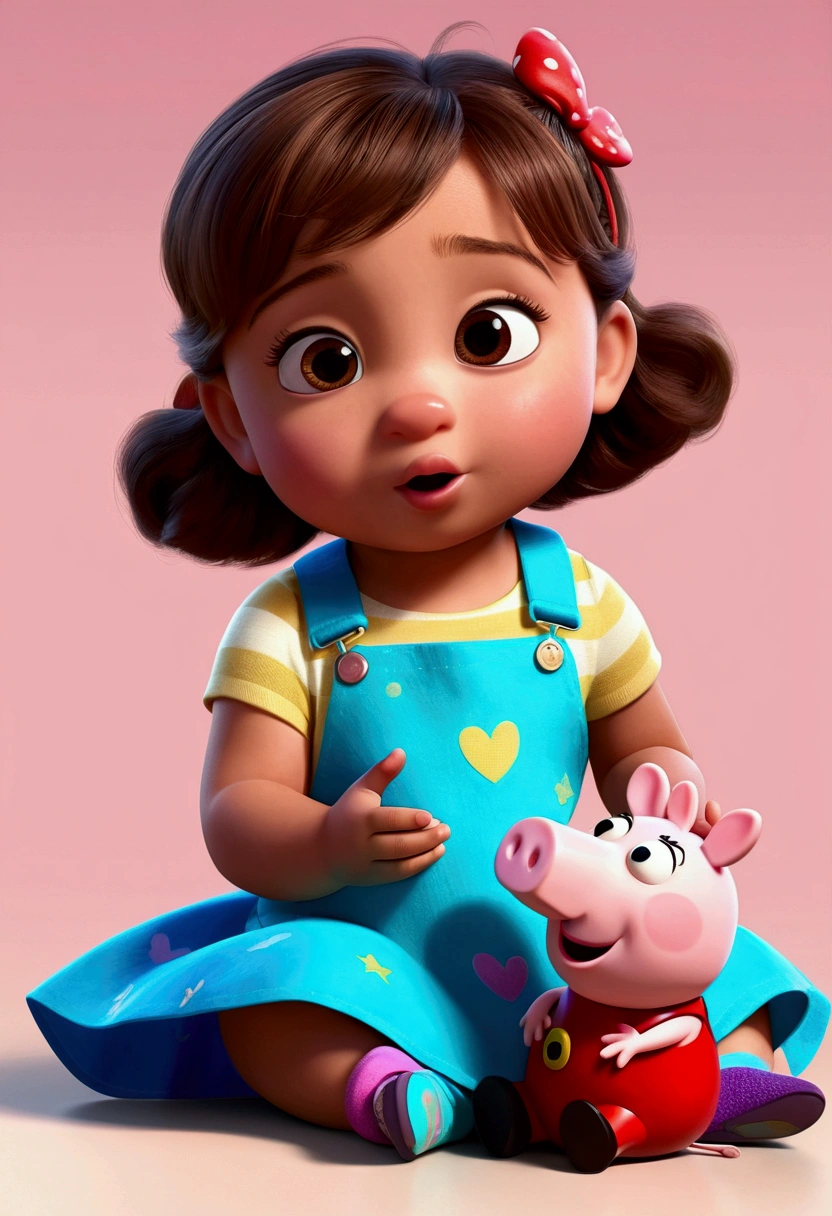 a 2 year old, sitting , disney pixar style, 3d, animated cartoon, fly away, shiny colors, short light brown hair, fair brown-skinned, big, dark eyes with peppa in hand