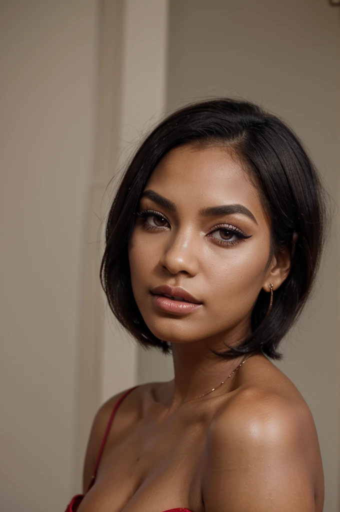 "Creates an image of a dark-skinned woman with short, straight hair, posing for a fashion shoot. She has flawless makeup with well-defined eyebrows, intense black eyeliner, voluminous eyelashes, and shiny pink lips. She wears a nose piercing and a cherry earring. The scene is professionally lit, highlighting the details of her makeup and hair. She is dressed in an elegant red dress. profile pose, with one hand on the hip and the other slightly raised towards his face."
