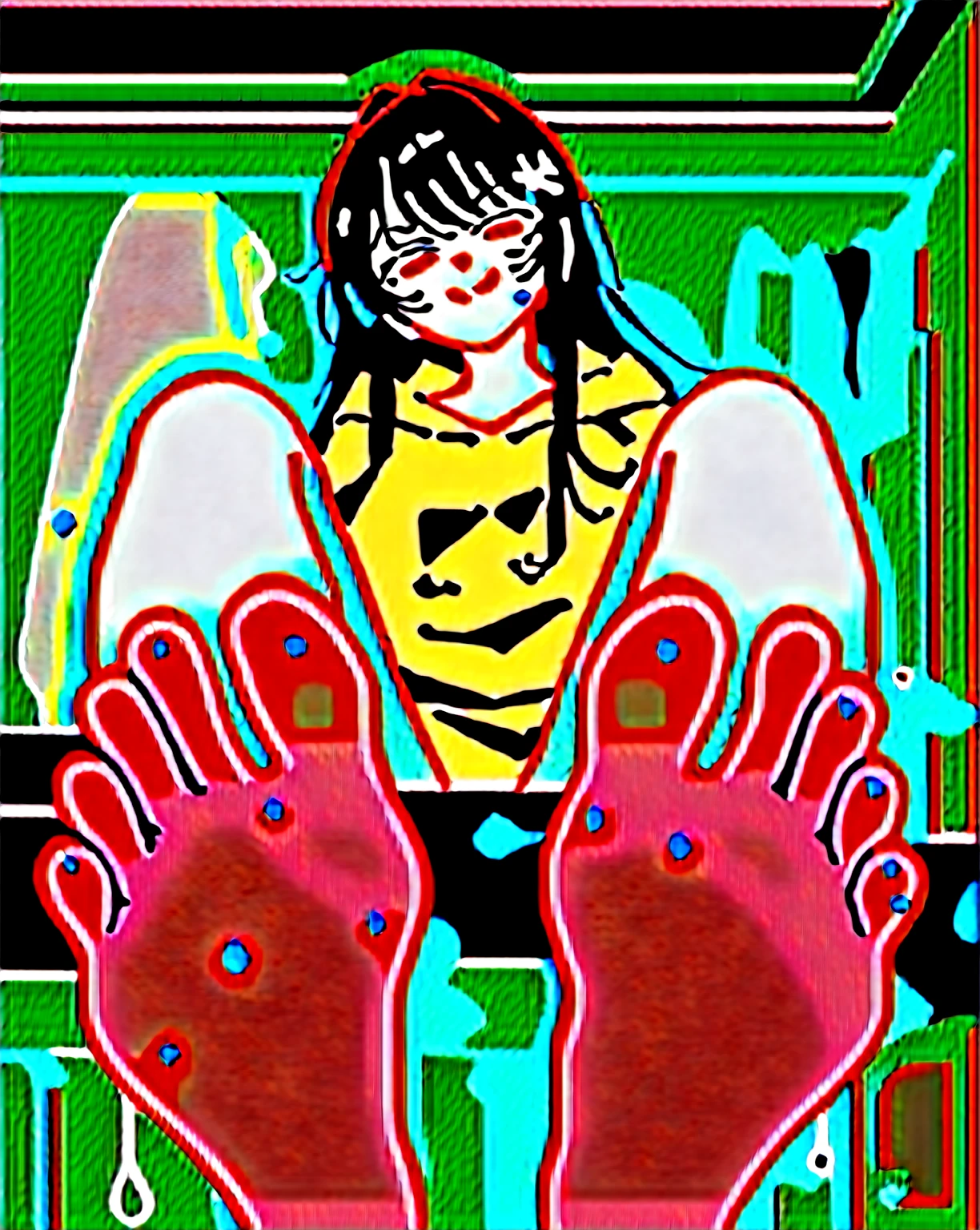 wallpaper,The background is in the dressing room,Brown hair, Long hair,Aho,best quality, Very detailed, masterpiece, Extremely detailed, illustration, Sky,Foot Focus, Smirk, barefoot,Stinky feet,Steam around feet,脚底Sweating很多,Sweating all over,Sweating,yellow sweatshirt,Pink Eyes,There is a cute yellow five-pointed star hairpin in the hair,Raise a hand,She is holding socks in her hands,Raise your hand and hold your socks,Socks in hand,