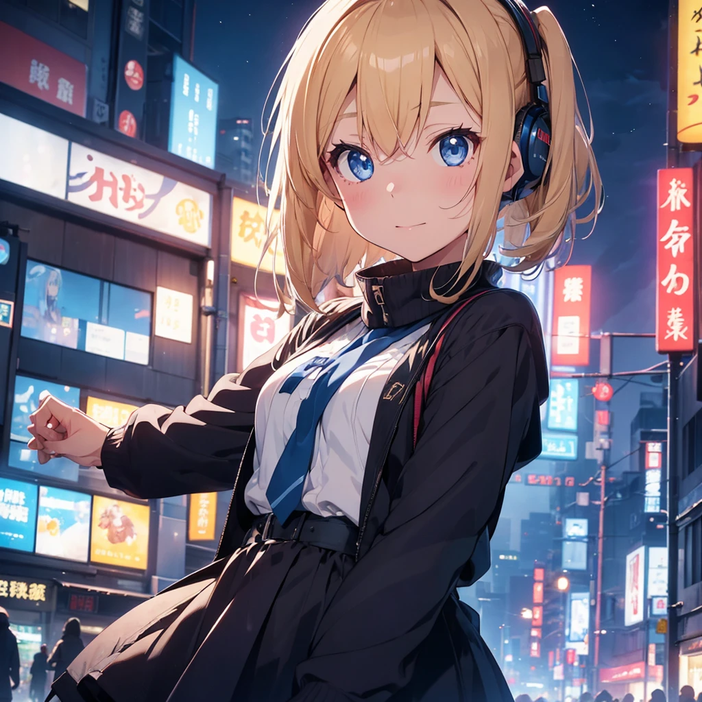 title: "The magical blue light of Shinjuku"

explanation:
This work、This is an image of a blonde girl with short hair in a dark room.。Her eyes shine blue、Dressed like a rapper。There are headphones on my head、She seems to be lost in her own world。

This work4Kの高画質で描かれており、The room is lit with blue light、It creates a fantastic atmosphere。The room is a small space like a 1K.、You can see Shinjuku&#39;s downtown area from the window.。The city is bright at night、The lights of the buildings and the shining signs are a beautiful sight.。

This work、It represents a moment away from the hustle and bustle of the city to focus on yourself and your music.、It depicts a girl with blue eyes and blonde hair having a nice time while looking at the night view of Shinjuku.。