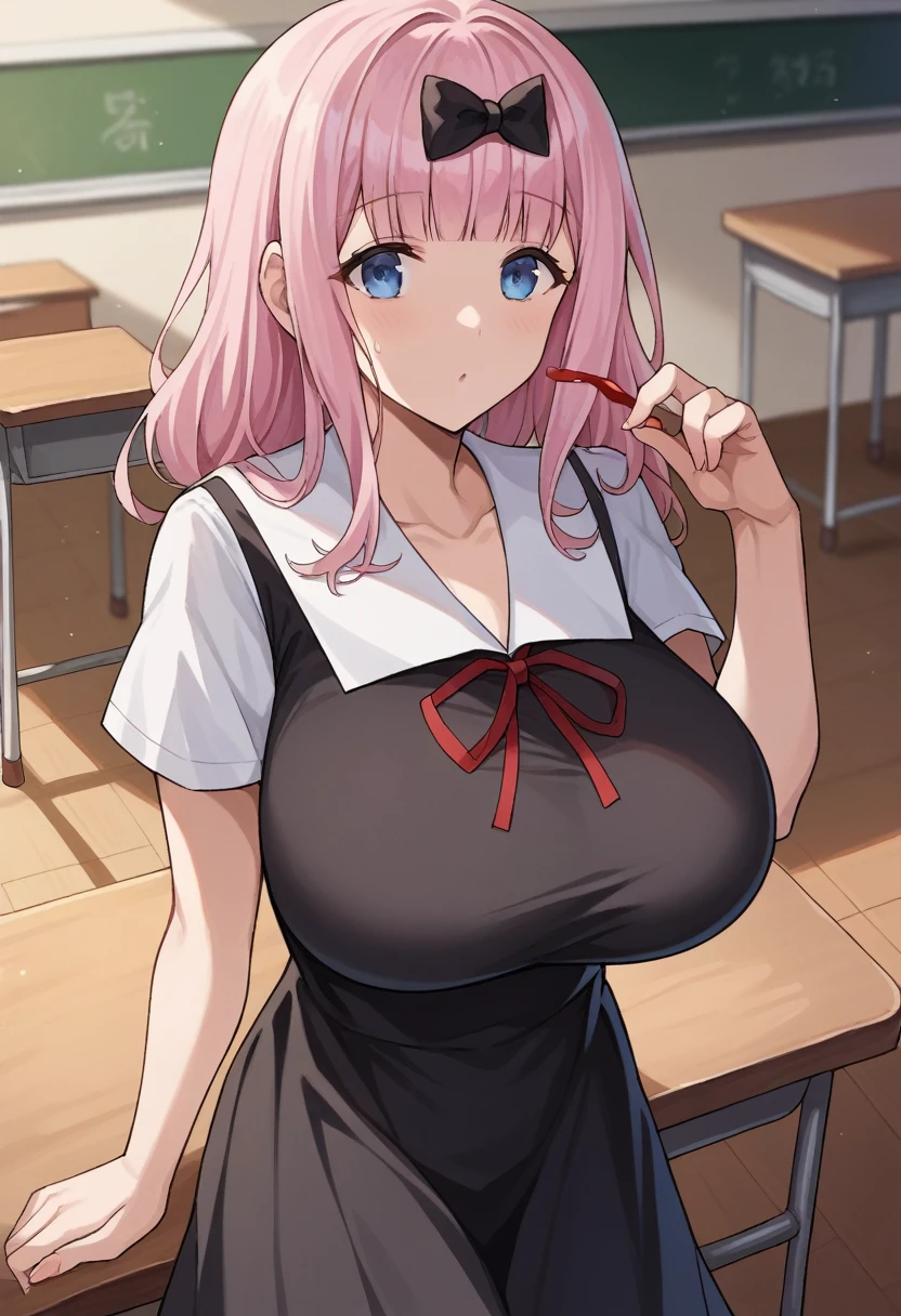 score_9, score_6_wonderful, sauce_anime, One Girl, alone, classroom, Cowboy Shot, chika, blue eyes, Pink Hair, Hair Ribbon, Black Bow, Black Dress, White sailor collar, Neck ribbon, Red ribbon, Short sleeve, White shirt, slim, Huge breasts 、During pregnancy