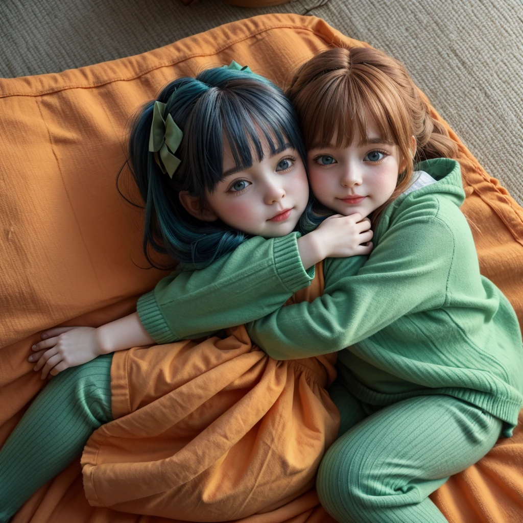 then seen from above, dolls hugging each other , pumpkin green and blue, written v2b below