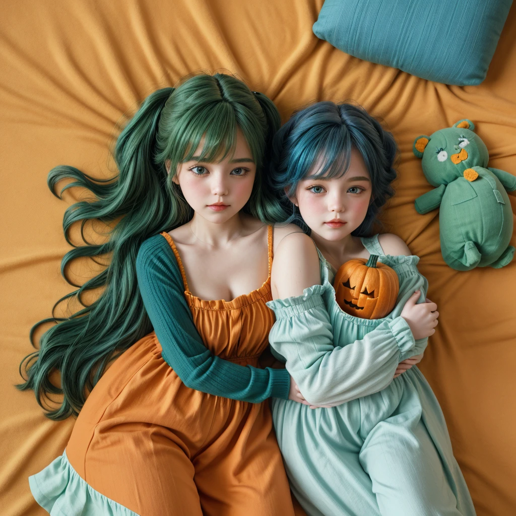 then seen from above, dolls hugging each other , pumpkin green and blue, written v2b below