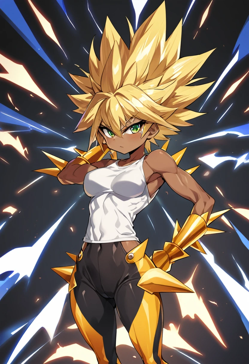 a girl, Saiyan, super saiyan, super saiyan, spiky blonde hair, green eyes, defined muscles, thin waist, wide hips, dark skin, medium breasts, tight clothes, white t-shirt, black pants, blue lightning around her, hair they grew a little and would be sticking up, more rays surrounded
