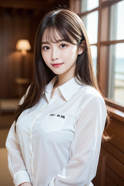 Oversized white collared shirt、full body shot、Complex and beautiful eyes、woman、Feminine hairstyle、Natural color lip、big breasts、valley、bold and sexy pose、smile、Ocean、((18歳woman:1.2))、young adorable japanese face, official art，Highly detailed CG Unity 8k wallpaper，（masterpiece:1.0),(highest quality:1.0), 超A high resolution,4K,Super detailed, photo shoot, 8k, nffsw, High resolution, kodak portrait 400, film grain, lens flare glow,高いest quality,8k,nffsw:1.2),portrait shot,8k、View viewer