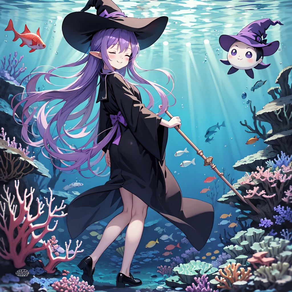 Anime girl. Long purple hair and wearing a black robe. Pointy ears. Witch hat. Cute cartoon. Illustration, alone. Looking back. Full body. High school student. Floating in water. Deep underwater. Underwater. Eyes closed.