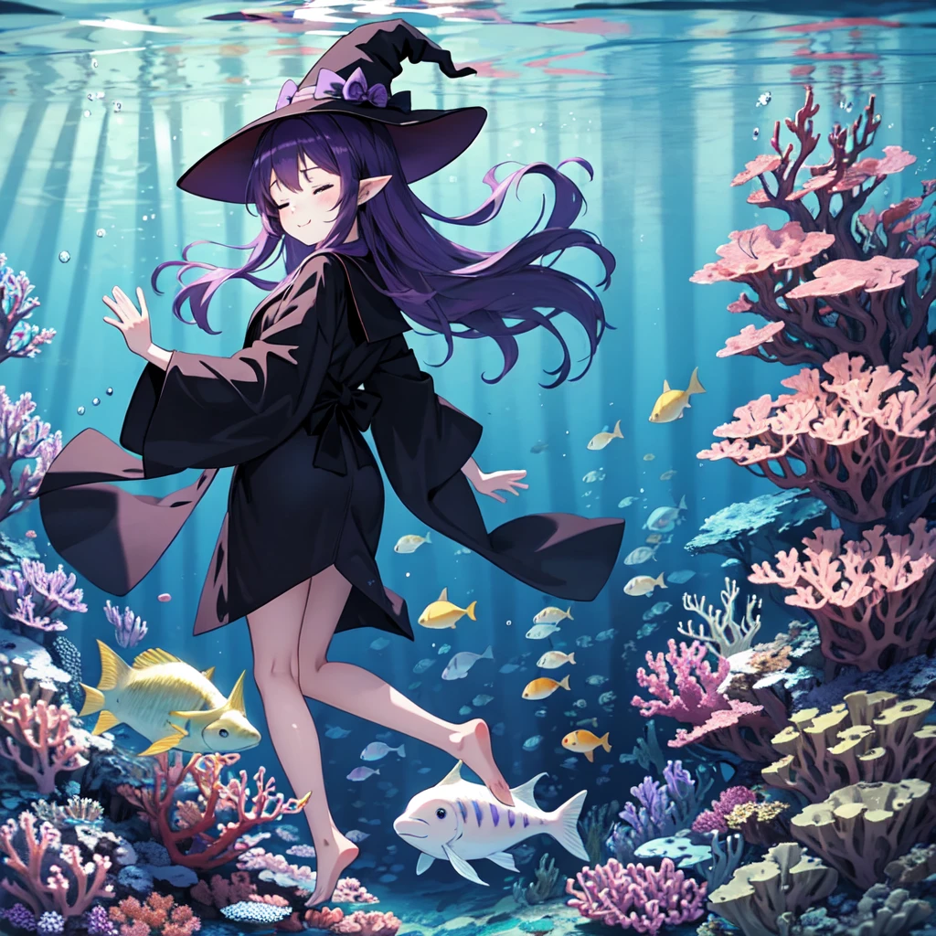 Anime girl. Long purple hair and wearing a black robe. Pointy ears. Witch hat. Cute cartoon. Illustration, alone. Looking back. Full body. High school student. Floating in water. Deep underwater. Underwater. Eyes closed.