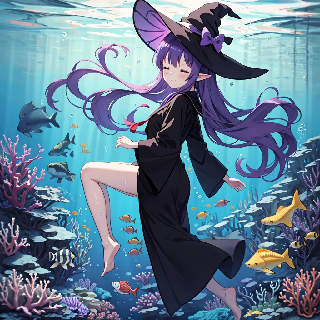 Anime girl. Long purple hair and wearing a black robe. Pointy ears. Witch hat. Cute cartoon. Illustration, alone. Looking back. Full body. High school student. Floating in water. Deep underwater. Underwater. Eyes closed.