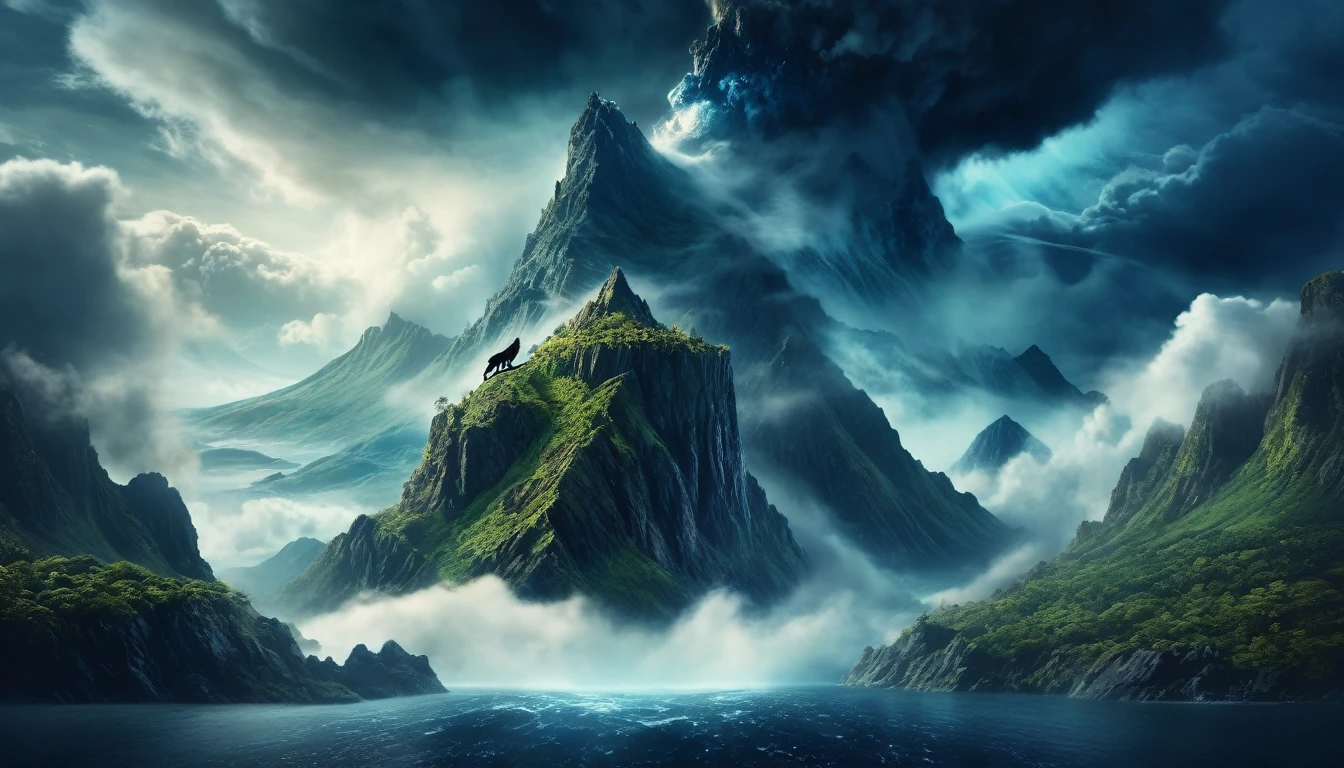 realistic cinematic dramatic view of a mysterious island with a surreal upside down mountain,((Giant Wolf on top of mountain)) , stormy nebula sky, dramatic cloudy atmosphere, epic lighting, highly detailed, award winning, 8k, photorealistic, intricate details, dramatic colors, volumetric fog, cinematic composition, dramatic shadows and highlights, moody and mysterious atmosphere