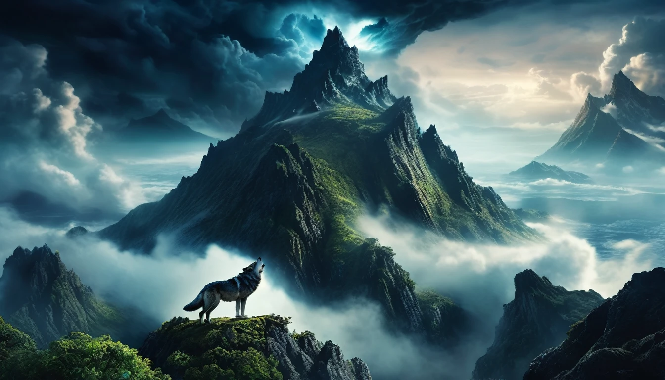 realistic cinematic dramatic view of a mysterious island with a surreal upside down mountain,((Giant Wolf on top of mountain)) , stormy nebula sky, dramatic cloudy atmosphere, epic lighting, highly detailed, award winning, 8k, photorealistic, intricate details, dramatic colors, volumetric fog, cinematic composition, dramatic shadows and highlights, moody and mysterious atmosphere