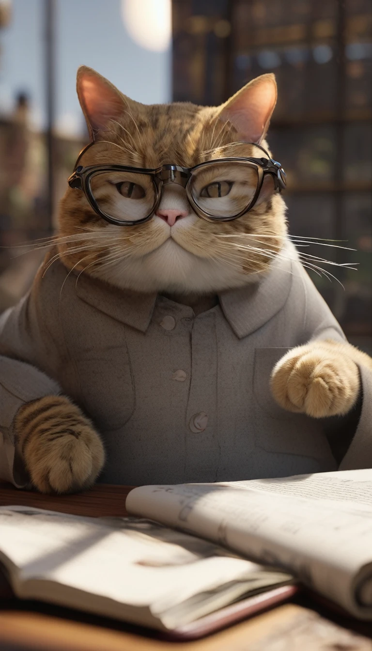 (Highly detailed CG Unity 8k wallpaper、masterpiece、Highest quality、Very detailed)、(Best lighting、Best Shadow、Very delicate and beautiful)、Highest quality、8k、Detailed facial depiction、masterpiece、Highest quality、Crisp image quality、 A fat cat wearing glasses reading a newspaper。、robot