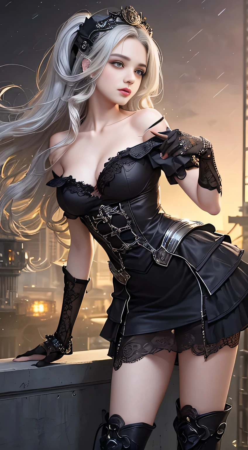 Wizard girl.
(((masterpiece, best quality, raw photo, photorealistic, depth of field, ultra detailed, detailed face, very precise eyes))), Dynamic Action Pose, Invoke Magic, Mechanical Magic Weapons, very slender long legs, lace stockings on the knee, steampunk headgear, fluttering lace flared mini skirt, off-shoulder fashion with a fusion of detailed and intricate steampunk and detailed gothic lolita, upward and beautiful small breasts, Clean long silver hair, long vertical curly hair, wind driven, futuristic complex steampunk factory background, infinite dark universe, flying celestial bodies, countless celestial neon lights raining down from the heavens, cinematic lighting decoration.