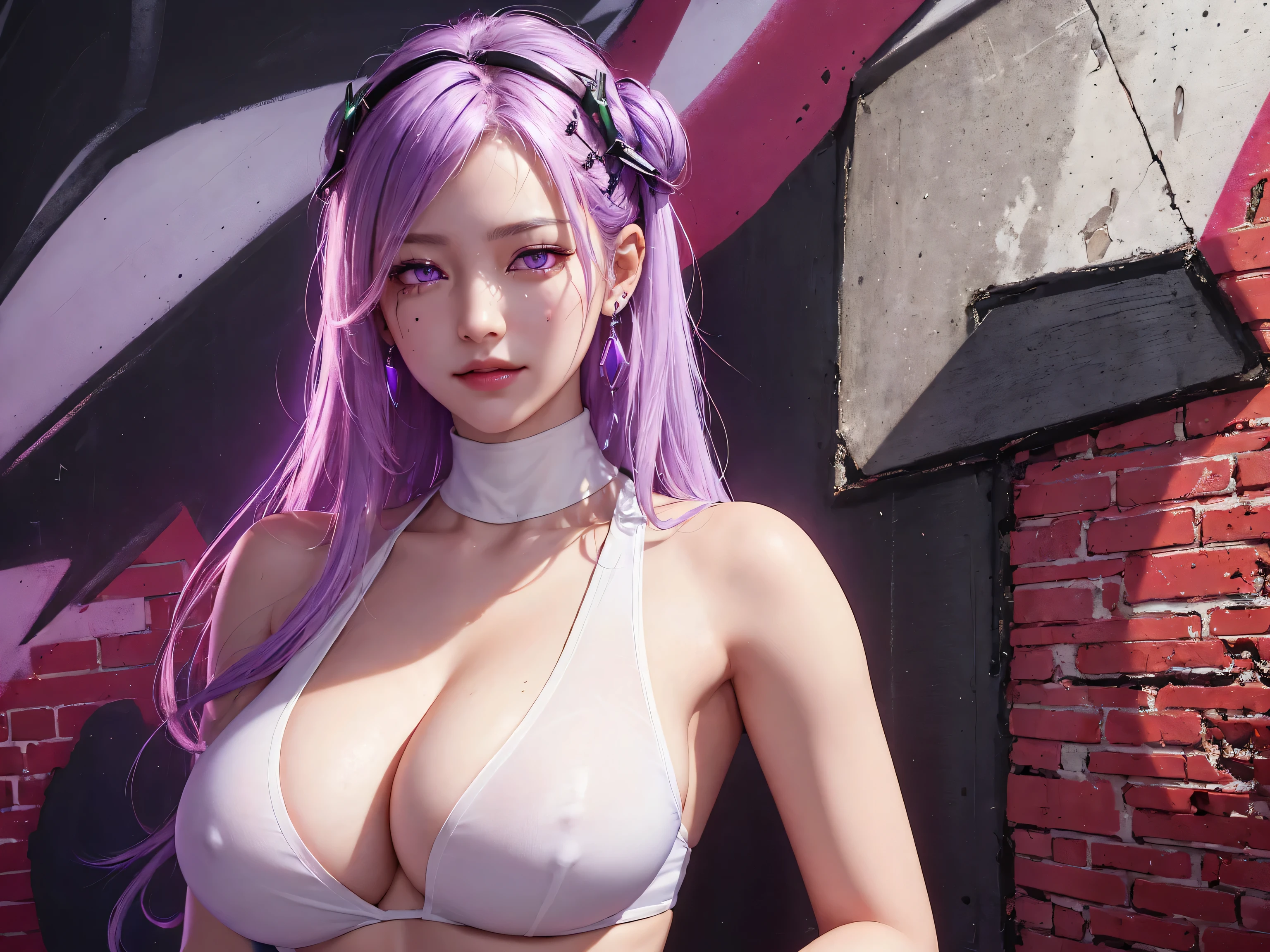 (Masterpiece, best quality, 1 girl, alone, complicated details, Chromatic aberration), realistic, ((Moderate breath)),long hair, pink hair, Red headpiece, Pink Highlights, hair on one eye,purple eyes, earring, sharp eyes, choker, Neon coat, She wears a collar, bangle, and kimono style garters., crop top, (symmetrical eyes),(Perfect symmetrical body),against the wall, Brick wall, (colorful graffiti words on the wall:1.2), The light is dim., alley ,Look at the viewer.、Dig the chest、smile、(sleeveless、Navel touch、Fitted turtleneck.)、street string hot pants、Thin bottom、Please build above the eaves..、Thin shoulders、in sportbar、Highest quality、masterpiece、Ultra-high resolution、(Photorealistic:1.4)、RAW Photos、One Girl、Glowing Skin、Put the headset on your head、((Ultra-Realistic Details))、Portrait、Global Illumination、Shadow、Octane Rendering、8k、Super sharp、((Delicate body type))、Hair ornament of the future、((Wear a thin white shirt on bare skin:1.4))、Cleavage、((Huge boobs:1.4))、(Sunburned skin:1.4)、Very intricate details、Realistic Light、Metallic Shine、CGSoation Trend、(Purple eyes:1.4)、(Shining Eyes)、To the camera、Neon Details、Sit on、Cyberpunk Background、Small LED Lamp、(Pink and green lighting from behind)、