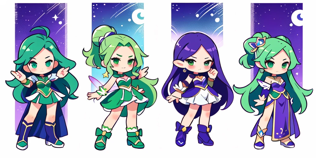 a close up of a cartoon character with different poses, spritesheet, sprite sheet, with familiar sprites, sprites, fairy girl, morgana, default pose neutral expression, twirling, sprite 2 d, shady, green fairy, smol,  multiple poses, cute chibi, kawaii, happy, sad, blushing,