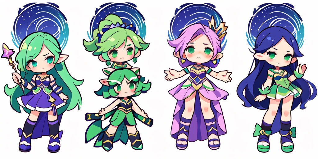 a close up of a cartoon character with different poses, spritesheet, sprite sheet, with familiar sprites, sprites, fairy girl, morgana, default pose neutral expression, twirling, sprite 2 d, shady, green fairy, smol, multiple poses, cute chibi, kawaii, happy, sad, blushing,