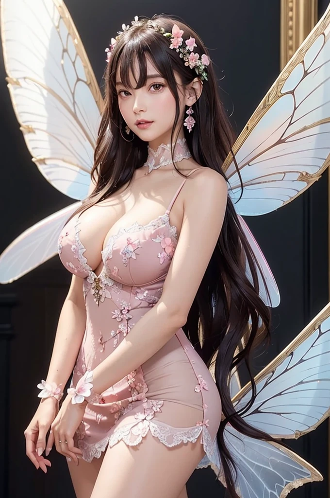 Masterpiece, highest quality, (((masterpiece))), (((highest grade))), ((extra fine)), (illustration), ((extremely delicate and beautiful)), dynamic angle, floating, (fairy Wings: 1.4), (beautiful detailed eyes), (detailed light), (1 girl), medium bust, medium long hair, dark brown sparkling eyes, dark brown hair, bodycon dress, natural, (sunlight), (painting), (sketch), (flower), slight smile, pastel colors, complete anatomy, upper body, highly detailed beautiful face,Pink and black hair, pink and black clothes, big breasts, tight plastic clothes, tight clothes, pink eyes,Best resolution,4K, best quality, big breasts and big thighs, pink accessory