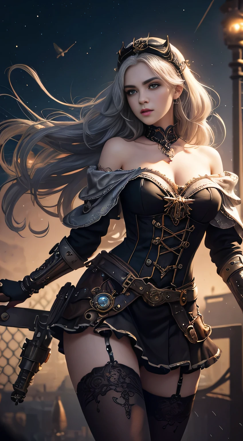 Wizard girl.
(((masterpiece, best quality, raw photo, photorealistic, depth of field, ultra detailed, detailed face, very precise eyes))), Dynamic Action Pose, Invoke Magic, Mechanical Magic Weapons, very slender long legs, lace stockings on the knee, steampunk headgear, fluttering lace flared mini skirt, off-shoulder fashion with a fusion of detailed and intricate steampunk and detailed gothic lolita, upward and beautiful small breasts, Clean long silver hair, long vertical curly hair, wind driven, futuristic complex steampunk factory background, infinite dark universe, flying celestial bodies, countless celestial neon lights raining down from the heavens, cinematic lighting decoration.