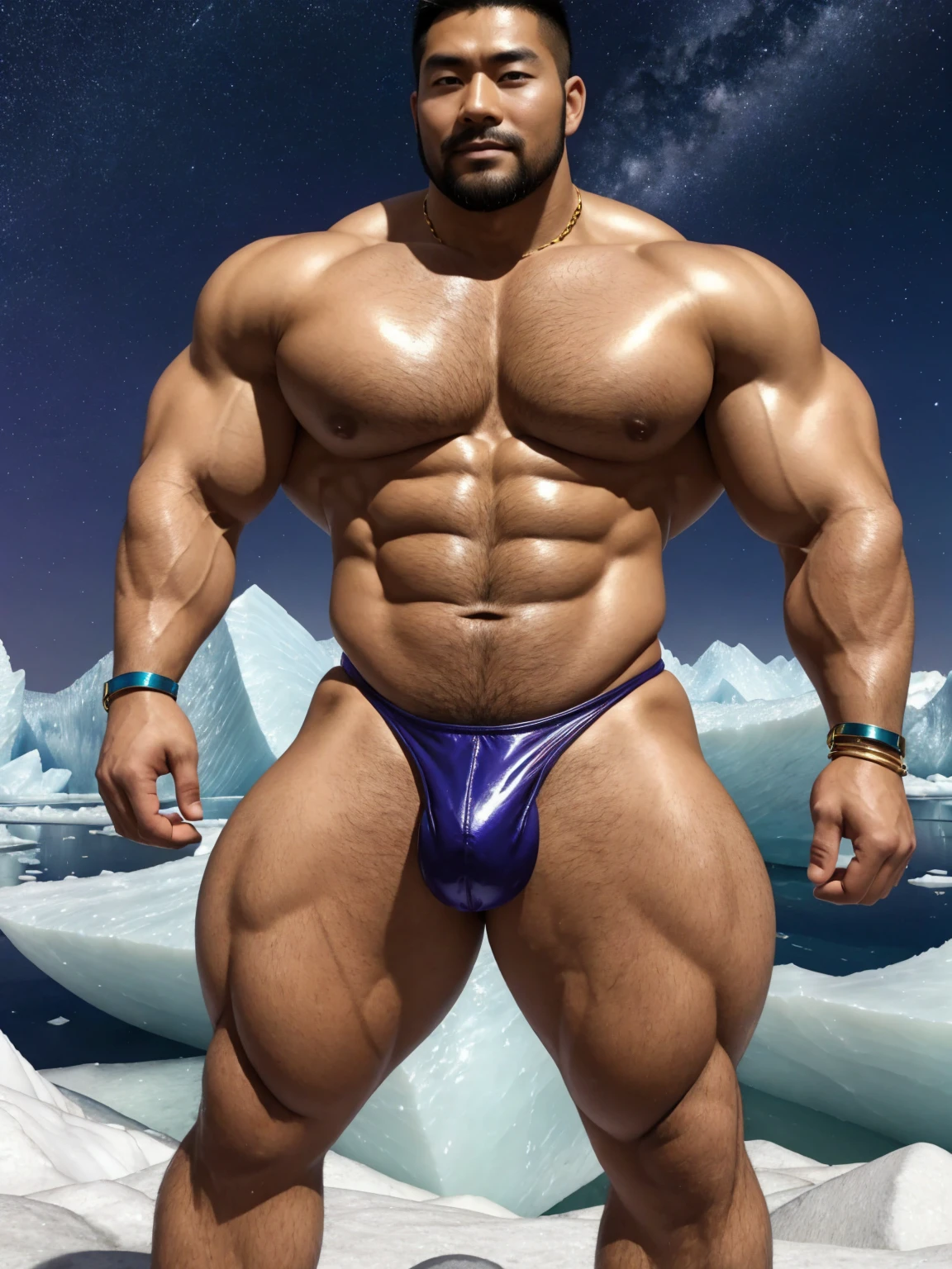 There is only one handsome Chinese man in the photo,35 years old,tall, Fitness,Smooth body,Smooth skin,No chest hair,short hair, O-Shaped Beard,Perfect body, Dark skin color,Radiant Skin,Smooth skin,Shiny, shiny skin,Smooth pectoral muscles,Muscle bulge, muscular, Very large pectoral muscles,Very sexy abdominal muscles,Very well-developed leg muscles,Huge concave and convex area,Brightens oily skin,Wearing a shiny gold leather thong,Handsome face,Normal human toes,Correct and accurate male body proportions,Gold Collar,Gold bracelet,Gold anklets,Stand on a glacier,Night sky,A sky full of stars,There are auroras,Colorful,Charming dream scene,Epic。